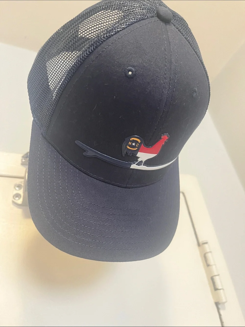 Beach & Barn Men's Navy Trucker Hat with Red & White Rooster Patch